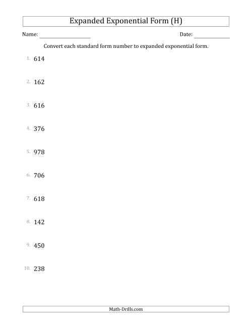 The Converting Standard Form Numbers to Expanded Exponential Form (3-Digit Numbers) (H) Math Worksheet