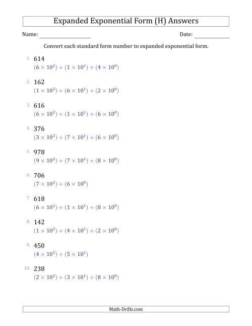 The Converting Standard Form Numbers to Expanded Exponential Form (3-Digit Numbers) (H) Math Worksheet Page 2