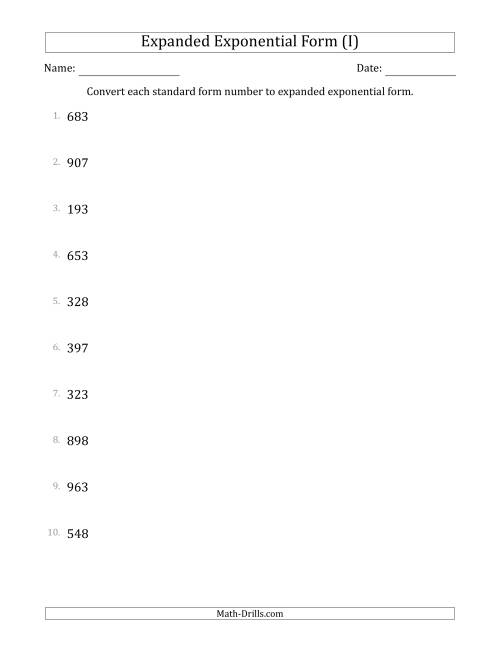 The Converting Standard Form Numbers to Expanded Exponential Form (3-Digit Numbers) (I) Math Worksheet