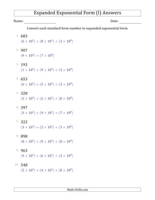 The Converting Standard Form Numbers to Expanded Exponential Form (3-Digit Numbers) (I) Math Worksheet Page 2