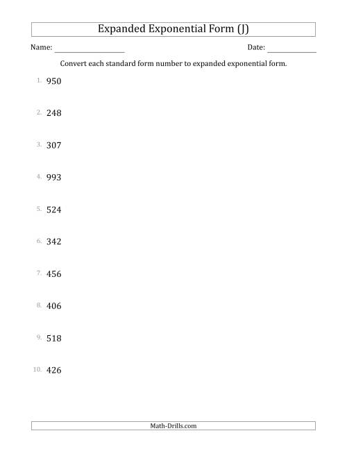The Converting Standard Form Numbers to Expanded Exponential Form (3-Digit Numbers) (J) Math Worksheet