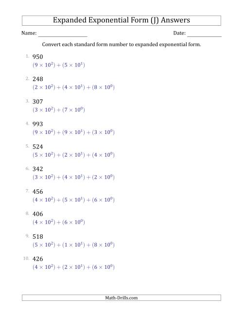 The Converting Standard Form Numbers to Expanded Exponential Form (3-Digit Numbers) (J) Math Worksheet Page 2