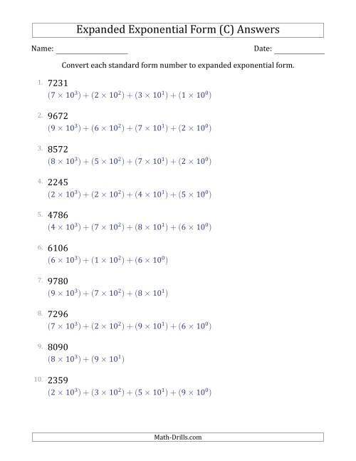 The Converting Standard Form Numbers to Expanded Exponential Form (4-Digit Numbers) (C) Math Worksheet Page 2