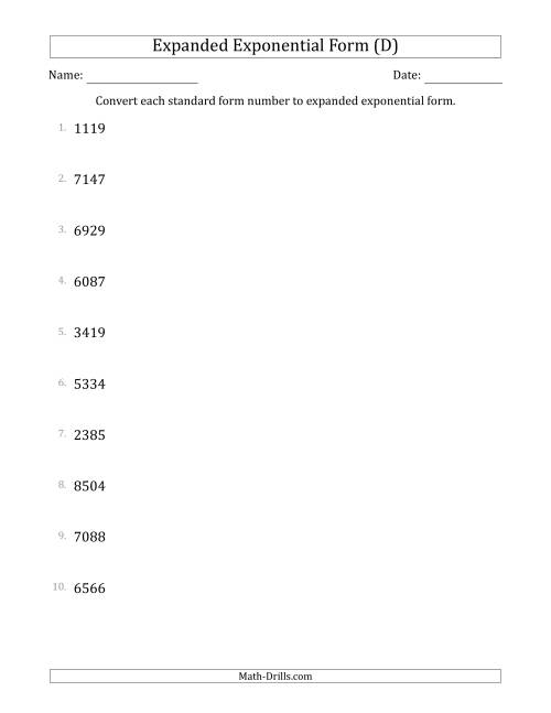 The Converting Standard Form Numbers to Expanded Exponential Form (4-Digit Numbers) (D) Math Worksheet