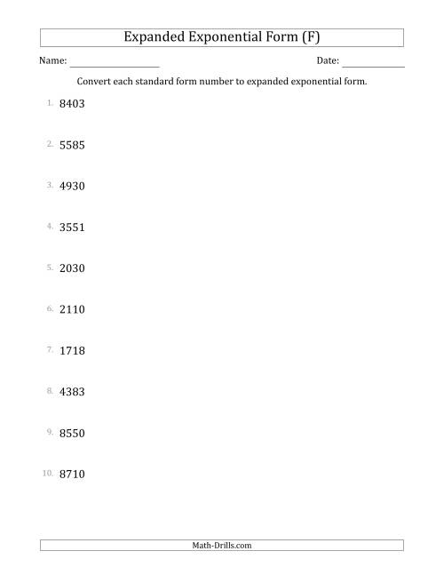 The Converting Standard Form Numbers to Expanded Exponential Form (4-Digit Numbers) (F) Math Worksheet