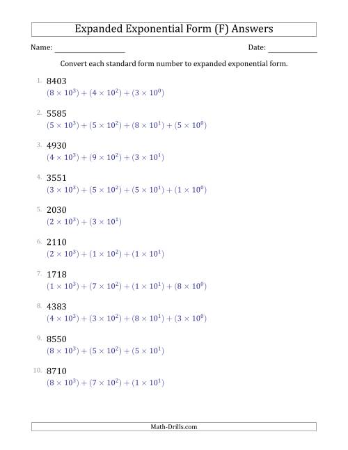 The Converting Standard Form Numbers to Expanded Exponential Form (4-Digit Numbers) (F) Math Worksheet Page 2
