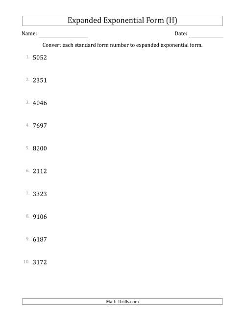 The Converting Standard Form Numbers to Expanded Exponential Form (4-Digit Numbers) (H) Math Worksheet