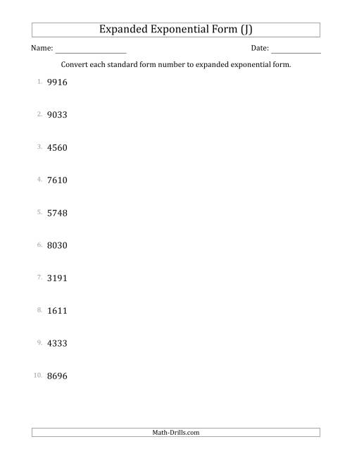 The Converting Standard Form Numbers to Expanded Exponential Form (4-Digit Numbers) (J) Math Worksheet