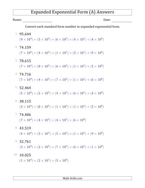 The Converting Standard Form Numbers to Expanded Exponential Form (5-Digit Numbers) (US/UK) (A) Math Worksheet Page 2