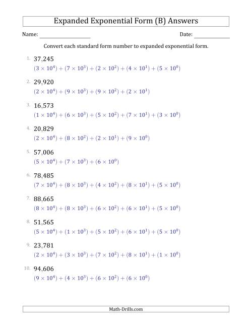 The Converting Standard Form Numbers to Expanded Exponential Form (5-Digit Numbers) (US/UK) (B) Math Worksheet Page 2