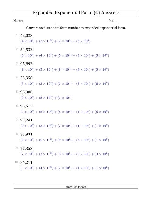The Converting Standard Form Numbers to Expanded Exponential Form (5-Digit Numbers) (US/UK) (C) Math Worksheet Page 2