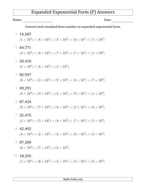 The Converting Standard Form Numbers to Expanded Exponential Form (5-Digit Numbers) (US/UK) (F) Math Worksheet Page 2