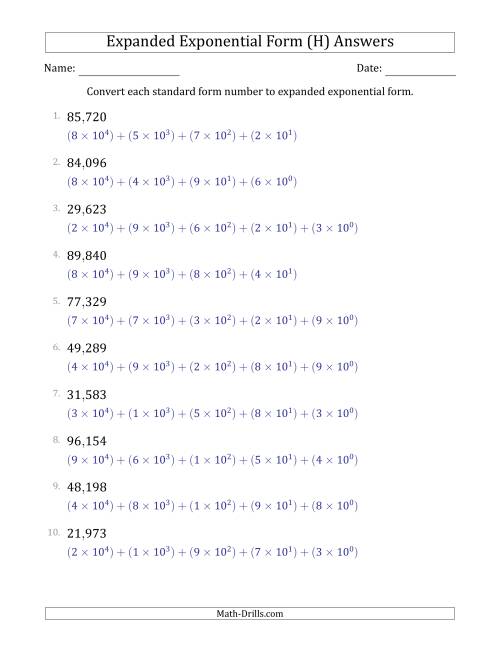 The Converting Standard Form Numbers to Expanded Exponential Form (5-Digit Numbers) (US/UK) (H) Math Worksheet Page 2