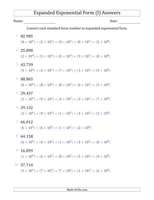 The Converting Standard Form Numbers to Expanded Exponential Form (5-Digit Numbers) (US/UK) (I) Math Worksheet Page 2