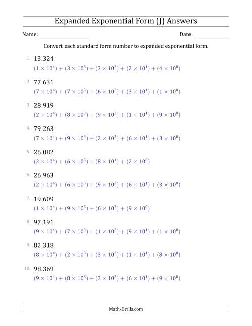 The Converting Standard Form Numbers to Expanded Exponential Form (5-Digit Numbers) (US/UK) (J) Math Worksheet Page 2
