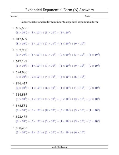The Converting Standard Form Numbers to Expanded Exponential Form (6-Digit Numbers) (US/UK) (A) Math Worksheet Page 2