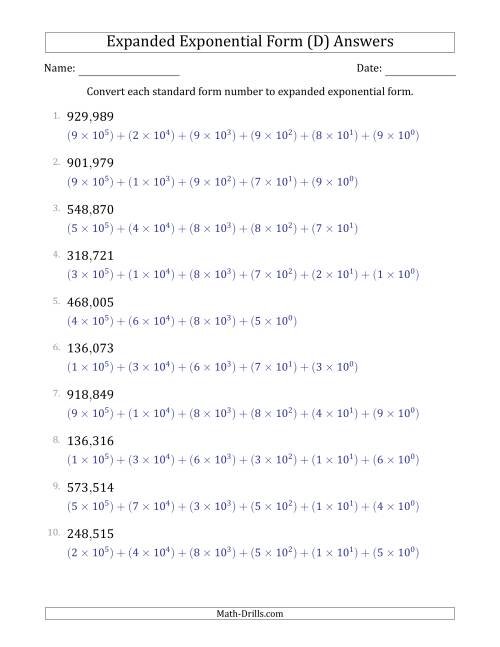 The Converting Standard Form Numbers to Expanded Exponential Form (6-Digit Numbers) (US/UK) (D) Math Worksheet Page 2