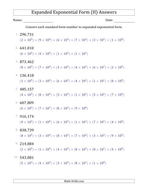 The Converting Standard Form Numbers to Expanded Exponential Form (6-Digit Numbers) (US/UK) (H) Math Worksheet Page 2