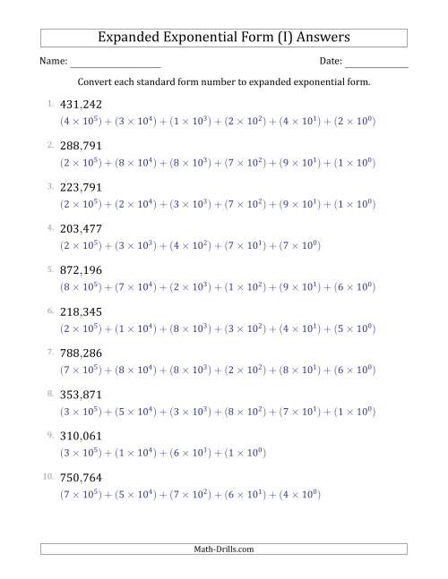 The Converting Standard Form Numbers to Expanded Exponential Form (6-Digit Numbers) (US/UK) (I) Math Worksheet Page 2