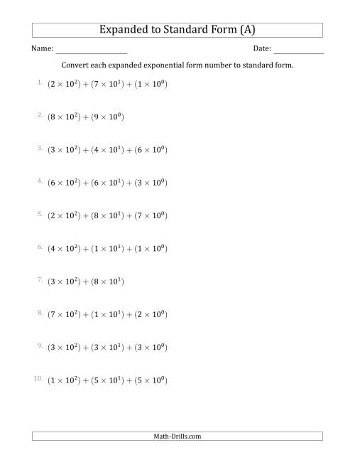 The Converting Expanded Exponential Form Numbers to Standard Form (3-Digit Numbers) (A) Math Worksheet