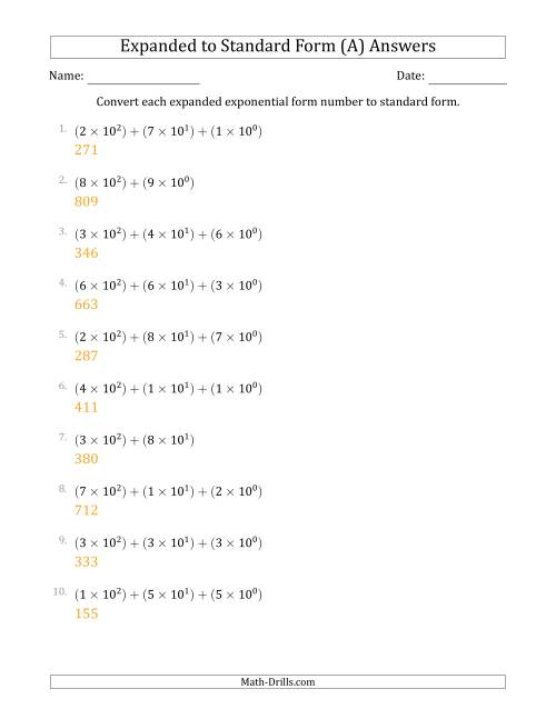 The Converting Expanded Exponential Form Numbers to Standard Form (3-Digit Numbers) (A) Math Worksheet Page 2