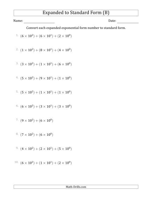 The Converting Expanded Exponential Form Numbers to Standard Form (3-Digit Numbers) (B) Math Worksheet
