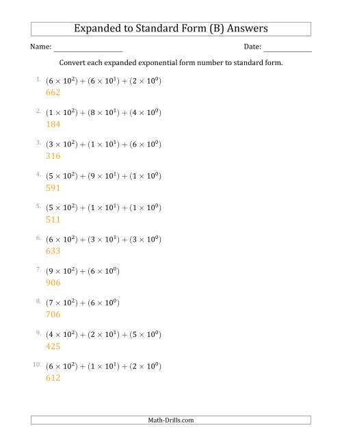 The Converting Expanded Exponential Form Numbers to Standard Form (3-Digit Numbers) (B) Math Worksheet Page 2