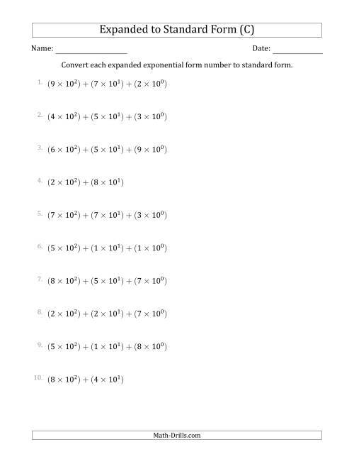 The Converting Expanded Exponential Form Numbers to Standard Form (3-Digit Numbers) (C) Math Worksheet