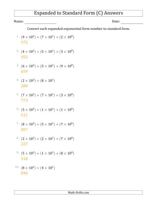 The Converting Expanded Exponential Form Numbers to Standard Form (3-Digit Numbers) (C) Math Worksheet Page 2