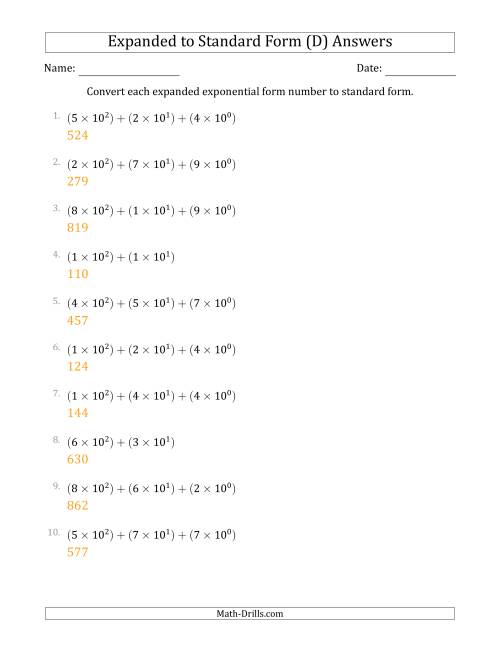 The Converting Expanded Exponential Form Numbers to Standard Form (3-Digit Numbers) (D) Math Worksheet Page 2