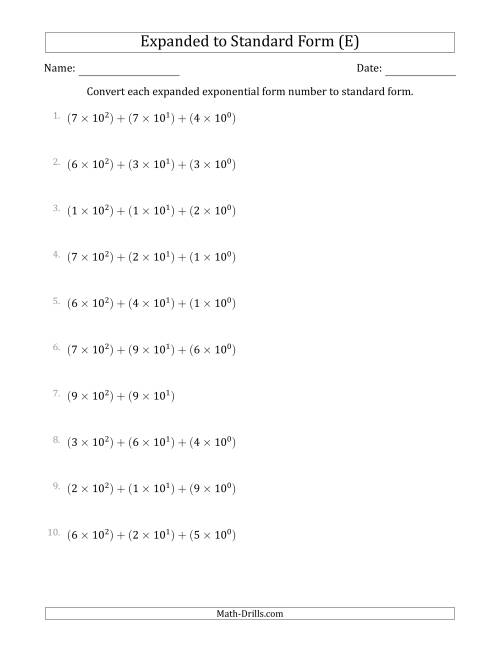 The Converting Expanded Exponential Form Numbers to Standard Form (3-Digit Numbers) (E) Math Worksheet
