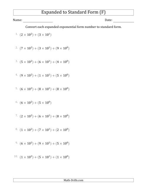 The Converting Expanded Exponential Form Numbers to Standard Form (3-Digit Numbers) (F) Math Worksheet