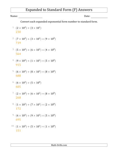 The Converting Expanded Exponential Form Numbers to Standard Form (3-Digit Numbers) (F) Math Worksheet Page 2