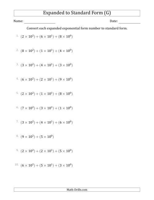 The Converting Expanded Exponential Form Numbers to Standard Form (3-Digit Numbers) (G) Math Worksheet