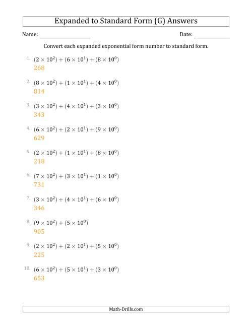 The Converting Expanded Exponential Form Numbers to Standard Form (3-Digit Numbers) (G) Math Worksheet Page 2