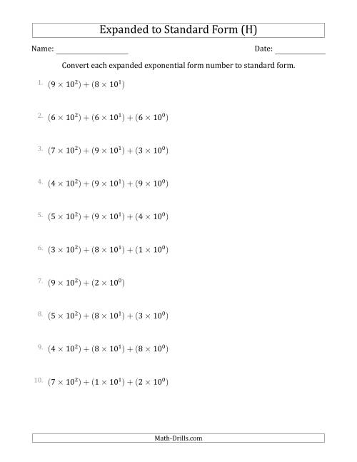 The Converting Expanded Exponential Form Numbers to Standard Form (3-Digit Numbers) (H) Math Worksheet