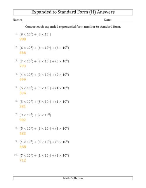 The Converting Expanded Exponential Form Numbers to Standard Form (3-Digit Numbers) (H) Math Worksheet Page 2