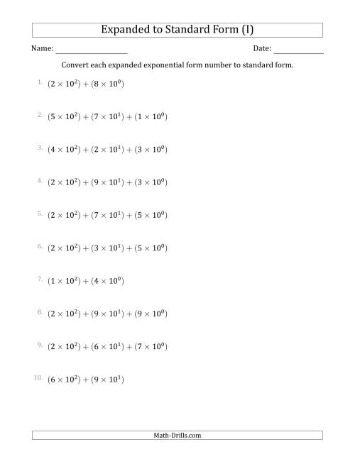 The Converting Expanded Exponential Form Numbers to Standard Form (3-Digit Numbers) (I) Math Worksheet