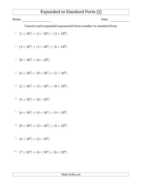 The Converting Expanded Exponential Form Numbers to Standard Form (3-Digit Numbers) (J) Math Worksheet
