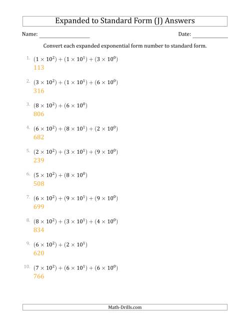 The Converting Expanded Exponential Form Numbers to Standard Form (3-Digit Numbers) (J) Math Worksheet Page 2