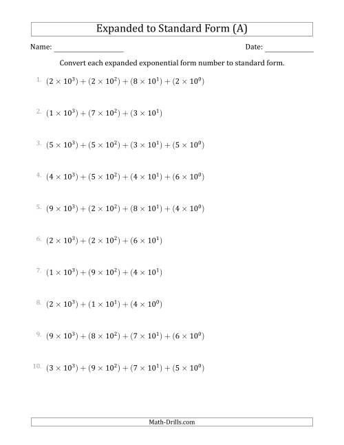 The Converting Expanded Exponential Form Numbers to Standard Form (4-Digit Numbers) (A) Math Worksheet