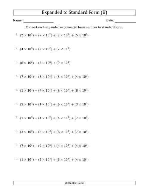 The Converting Expanded Exponential Form Numbers to Standard Form (4-Digit Numbers) (B) Math Worksheet