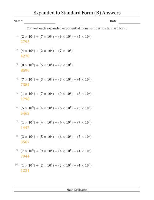 The Converting Expanded Exponential Form Numbers to Standard Form (4-Digit Numbers) (B) Math Worksheet Page 2