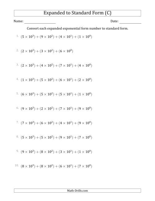 The Converting Expanded Exponential Form Numbers to Standard Form (4-Digit Numbers) (C) Math Worksheet