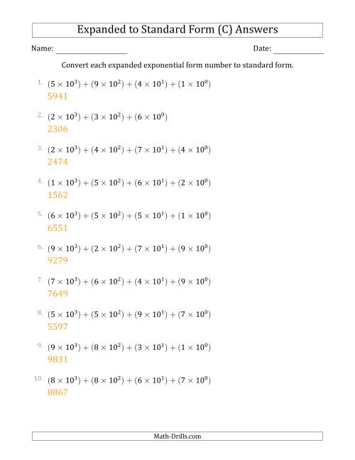 The Converting Expanded Exponential Form Numbers to Standard Form (4-Digit Numbers) (C) Math Worksheet Page 2