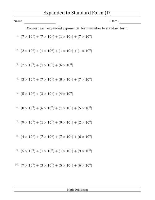 The Converting Expanded Exponential Form Numbers to Standard Form (4-Digit Numbers) (D) Math Worksheet