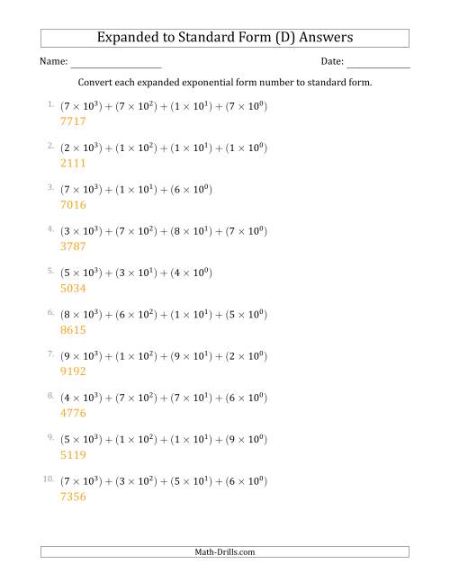 The Converting Expanded Exponential Form Numbers to Standard Form (4-Digit Numbers) (D) Math Worksheet Page 2