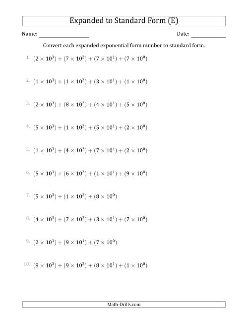 The Converting Expanded Exponential Form Numbers to Standard Form (4-Digit Numbers) (E) Math Worksheet
