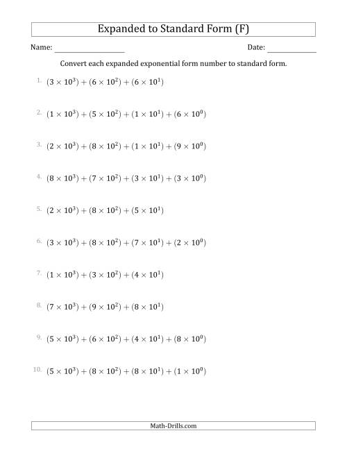 The Converting Expanded Exponential Form Numbers to Standard Form (4-Digit Numbers) (F) Math Worksheet