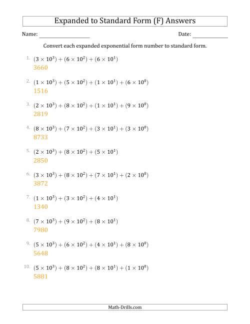 The Converting Expanded Exponential Form Numbers to Standard Form (4-Digit Numbers) (F) Math Worksheet Page 2